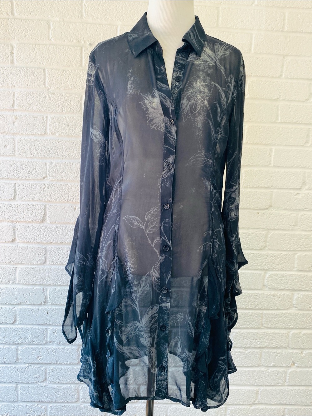 Anthropologie Black Sheer Dark Floral Ruffled Button Up Dress Medium Whimsigoth